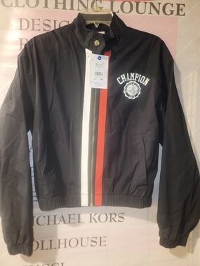 Champion Black Women's Spring Jacket with White & Red Center Stripes